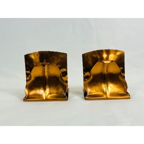 MCM Pair Solid Copper Leaf Bookends 4" Hand Hammered Gregorian USA 30 - Picture 1 of 9